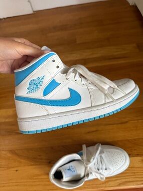 Jordan Woman White and Bright Blue Mid-Top Sneakers